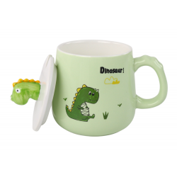 Dinosaur Green kerámia bögre, fedél, kanál, 350 ml